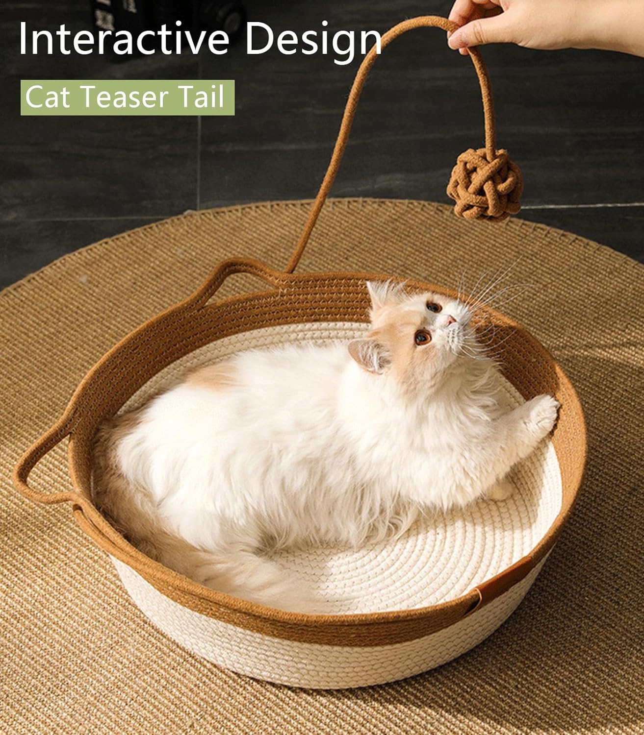 Hand-Woven Cat Bed with Toy Tail – Natural Cotton & Linen Kitten House with Scratch Pad.