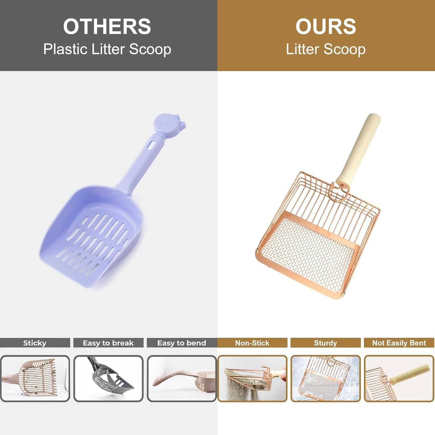 Metal Litter Scoop – Durable Sifter with Wooden Handle & Hook for Easy Cleaning
