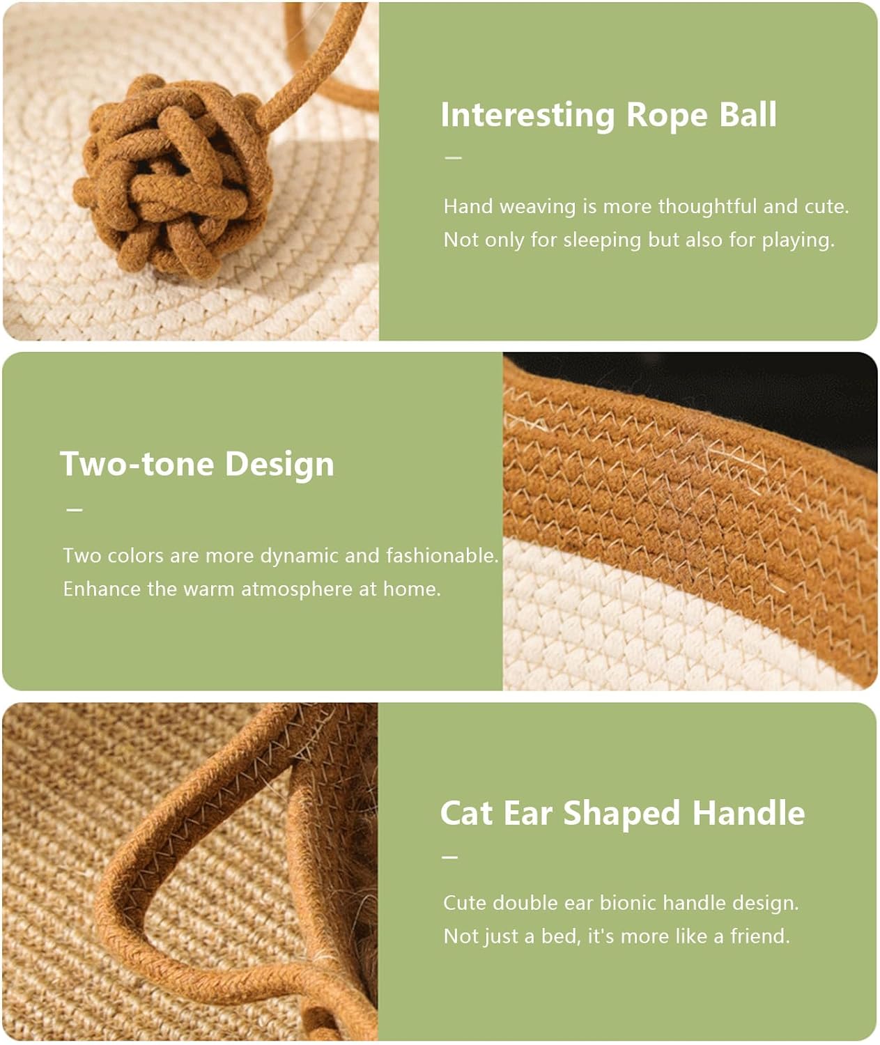 Hand-Woven Cat Bed with Toy Tail – Natural Cotton & Linen Kitten House with Scratch Pad.